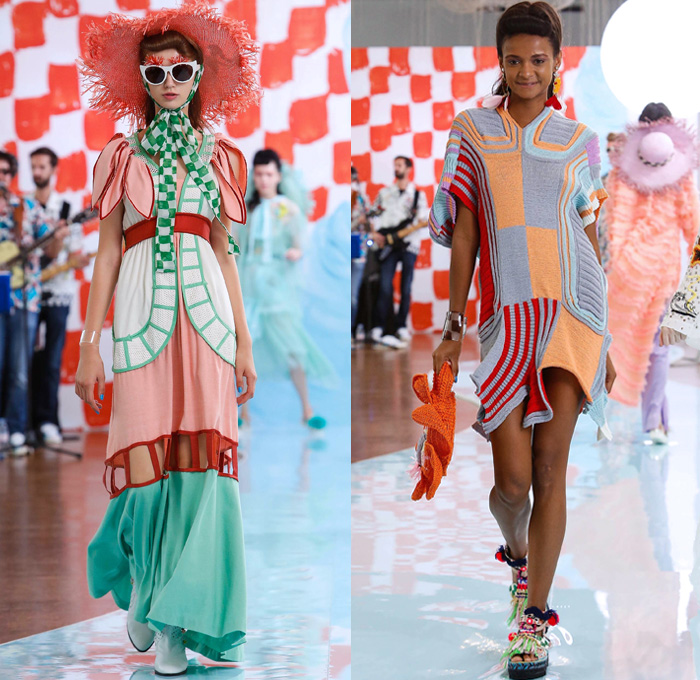 Tsumori Chisato 2018 Spring Summer Womens Runway Catwalk Looks - Mode à Paris Fashion Week France - Rockabilly 1950s Fringes Cartoons Drawings Sea Anemones Jellyfish Seashells People Flowers Floral Ruffles Knit Crochet Basketweave Mesh Holes Embroidery Bedazzled Studs Sequins Bamboo Check Tassels Patchwork Sheer Chiffon Pantsuit Vest Shirtdress Denim Jeans Jumpsuit Ombre Halterneck Blouse Crop Top Paper Cutout Dress Skirt Sunglasses Pompoms Tote VW Beetle House Bag Straw Hat Boots Bowling Shoes