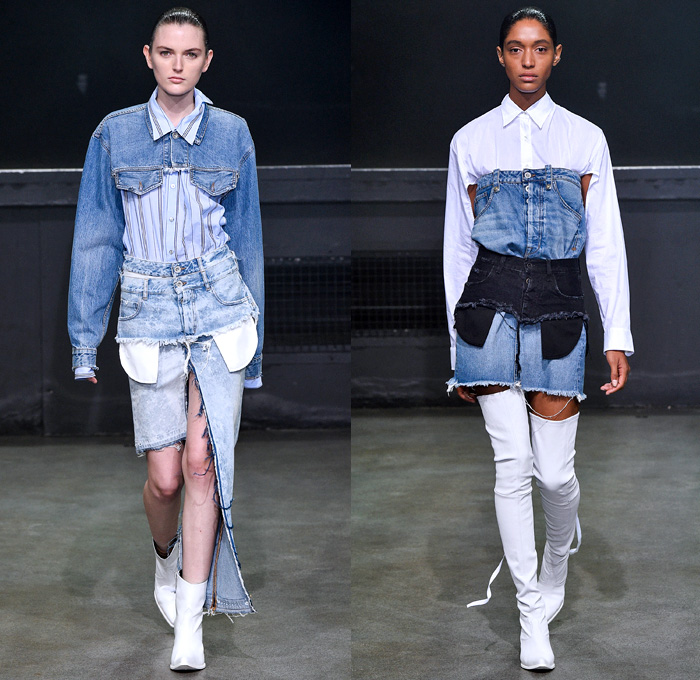 Unravel Project 2018 Spring Summer Womens Runway Catwalk Looks - Mode à Paris Fashion Week Mode Féminin France - Deconstructivism Deconstructed Combo Panel Denim Jeans Acid Wash Boxer Destroyed Cutoffs Lace Up Tulle Tutu Skirt Long Sleeve Blouse Shirt Strapless Cutout Shoulders Knit Sweaterdress Pointed Shoulders Unitard Leotard Silk Satin Peel Away Trench Drawstring Hood Sweatshirt Cargo Pockets Biker Racer Hybrid Jacketdress Cropped Sweatshirt Half Blazer Handbag Thigh High Boots