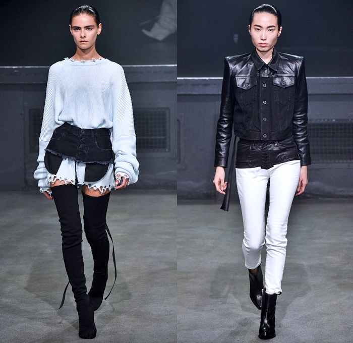 Unravel Project 2018 Spring Summer Womens Runway Catwalk Looks - Mode à Paris Fashion Week Mode Féminin France - Deconstructivism Deconstructed Combo Panel Denim Jeans Acid Wash Boxer Destroyed Cutoffs Lace Up Tulle Tutu Skirt Long Sleeve Blouse Shirt Strapless Cutout Shoulders Knit Sweaterdress Pointed Shoulders Unitard Leotard Silk Satin Peel Away Trench Drawstring Hood Sweatshirt Cargo Pockets Biker Racer Hybrid Jacketdress Cropped Sweatshirt Half Blazer Handbag Thigh High Boots