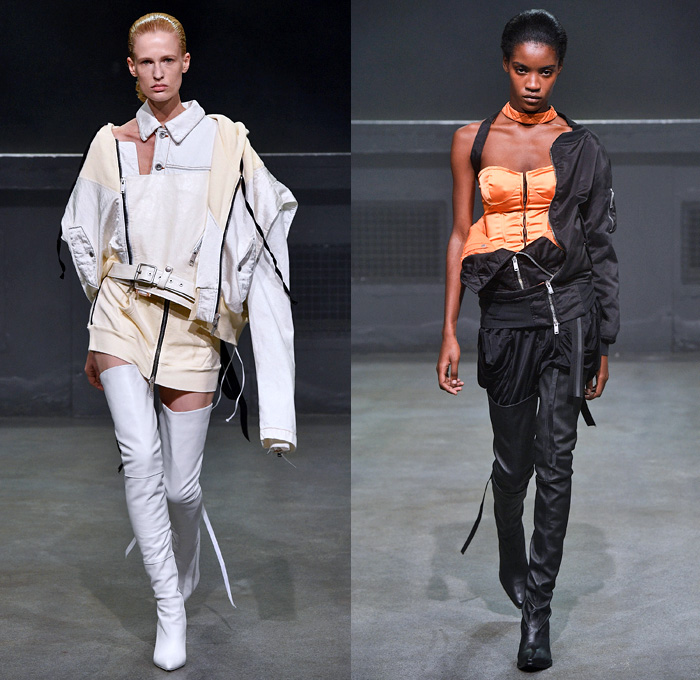 Unravel Project 2018 Spring Summer Womens Runway Catwalk Looks - Mode à Paris Fashion Week Mode Féminin France - Deconstructivism Deconstructed Combo Panel Denim Jeans Acid Wash Boxer Destroyed Cutoffs Lace Up Tulle Tutu Skirt Long Sleeve Blouse Shirt Strapless Cutout Shoulders Knit Sweaterdress Pointed Shoulders Unitard Leotard Silk Satin Peel Away Trench Drawstring Hood Sweatshirt Cargo Pockets Biker Racer Hybrid Jacketdress Cropped Sweatshirt Half Blazer Handbag Thigh High Boots