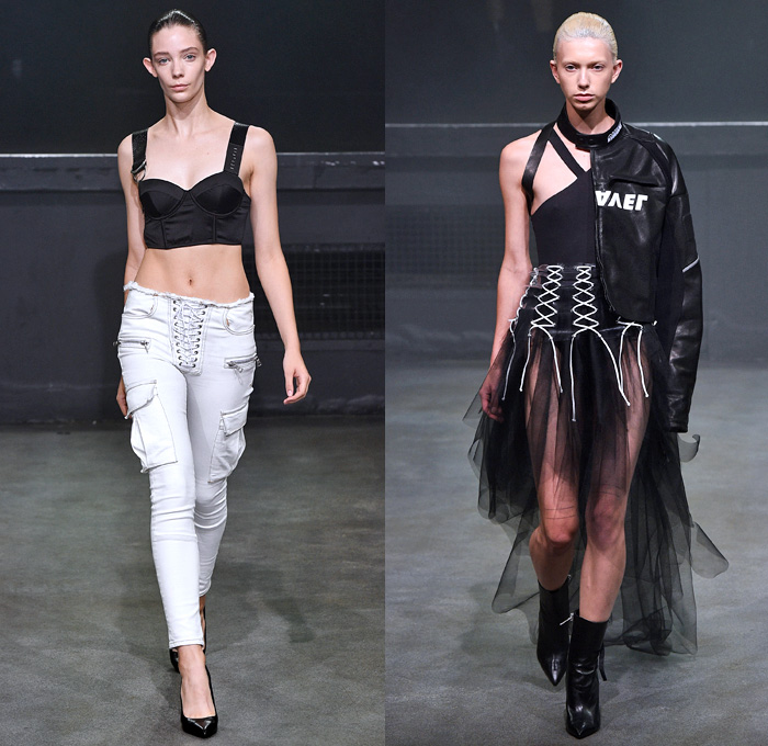 Unravel Project 2018 Spring Summer Womens Runway Catwalk Looks - Mode à Paris Fashion Week Mode Féminin France - Deconstructivism Deconstructed Combo Panel Denim Jeans Acid Wash Boxer Destroyed Cutoffs Lace Up Tulle Tutu Skirt Long Sleeve Blouse Shirt Strapless Cutout Shoulders Knit Sweaterdress Pointed Shoulders Unitard Leotard Silk Satin Peel Away Trench Drawstring Hood Sweatshirt Cargo Pockets Biker Racer Hybrid Jacketdress Cropped Sweatshirt Half Blazer Handbag Thigh High Boots