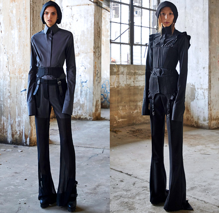 Vera Wang 2018 Spring Summer Womens Lookbook Presentation - Mode à Paris Fashion Week Mode Féminin France - The Handmaid's Tale Bonnet Hat Brace Garter Belts Straps Corset Ruffles Plaid Tartan Check Chainlink Mesh Net Blazer Jacket Elongated Sleeves Blouse Shirt Peel Away Shirtdress Dress Long Skirt Flare Bell Bottom Pants Aprondress Sweater Jumper Sheer Chiffon Crop Top Midriff Decorated Appliqués Bedazzled Sequins Stiletto Boots