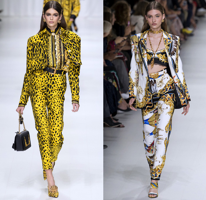 Versace 2018 Spring Summer Womens Runway Catwalk - Milano Moda Donna Milan Fashion Week Italy - Gianni Versace Tribute 1990s 1970s Gold Vogue Mother Mary Cross Baroque American Indian Tresor De La Mer Butterflies Stiletto Pop Art Leopard Crocodile Silk Satin Seashells Starfish Bedazzled Flowers Lace Fringes Cinch Coat Blazerdress Blouse Crop Top Vest Motorcycle Biker Jacket Square Shoulders Denim Jeans Catsuit Leotard Leggings Pleats Swimsuit Sheer High-Low Skirt Bag Fanny Pack Gladiator Boots