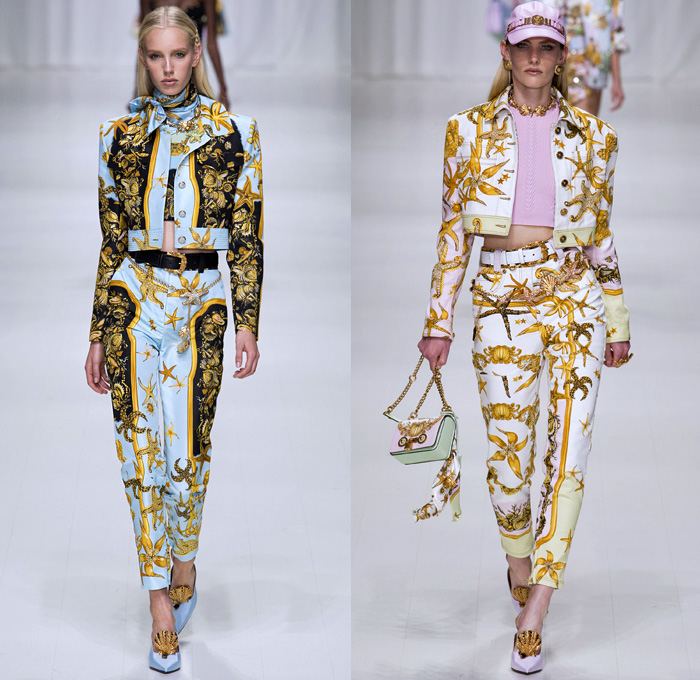 Versace 2018 Spring Summer Womens Runway Catwalk - Milano Moda Donna Milan Fashion Week Italy - Gianni Versace Tribute 1990s 1970s Gold Vogue Mother Mary Cross Baroque American Indian Tresor De La Mer Butterflies Stiletto Pop Art Leopard Crocodile Silk Satin Seashells Starfish Bedazzled Flowers Lace Fringes Cinch Coat Blazerdress Blouse Crop Top Vest Motorcycle Biker Jacket Square Shoulders Denim Jeans Catsuit Leotard Leggings Pleats Swimsuit Sheer High-Low Skirt Bag Fanny Pack Gladiator Boots