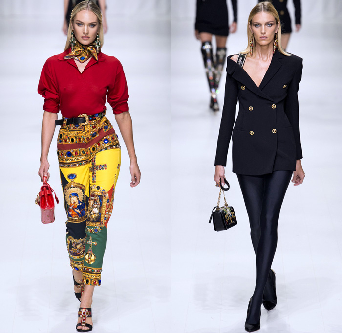 Versace 2018 Spring Summer Womens Runway Catwalk - Milano Moda Donna Milan Fashion Week Italy - Gianni Versace Tribute 1990s 1970s Gold Vogue Mother Mary Cross Baroque American Indian Tresor De La Mer Butterflies Stiletto Pop Art Leopard Crocodile Silk Satin Seashells Starfish Bedazzled Flowers Lace Fringes Cinch Coat Blazerdress Blouse Crop Top Vest Motorcycle Biker Jacket Square Shoulders Denim Jeans Catsuit Leotard Leggings Pleats Swimsuit Sheer High-Low Skirt Bag Fanny Pack Gladiator Boots