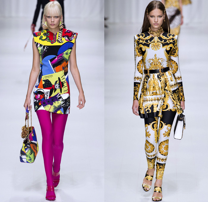 Versace 2018 Spring Summer Womens Runway Catwalk - Milano Moda Donna Milan Fashion Week Italy - Gianni Versace Tribute 1990s 1970s Gold Vogue Mother Mary Cross Baroque American Indian Tresor De La Mer Butterflies Stiletto Pop Art Leopard Crocodile Silk Satin Seashells Starfish Bedazzled Flowers Lace Fringes Cinch Coat Blazerdress Blouse Crop Top Vest Motorcycle Biker Jacket Square Shoulders Denim Jeans Catsuit Leotard Leggings Pleats Swimsuit Sheer High-Low Skirt Bag Fanny Pack Gladiator Boots