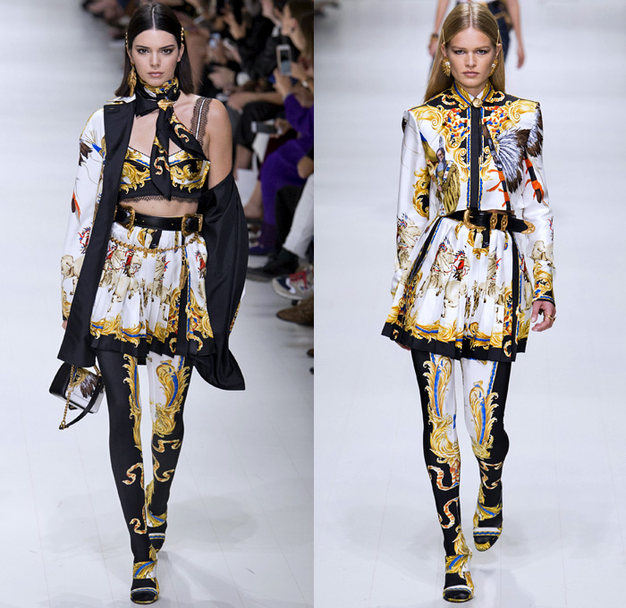 Versace 2018 Spring Summer Womens Runway Catwalk - Milano Moda Donna Milan Fashion Week Italy - Gianni Versace Tribute 1990s 1970s Gold Vogue Mother Mary Cross Baroque American Indian Tresor De La Mer Butterflies Stiletto Pop Art Leopard Crocodile Silk Satin Seashells Starfish Bedazzled Flowers Lace Fringes Cinch Coat Blazerdress Blouse Crop Top Vest Motorcycle Biker Jacket Square Shoulders Denim Jeans Catsuit Leotard Leggings Pleats Swimsuit Sheer High-Low Skirt Bag Fanny Pack Gladiator Boots