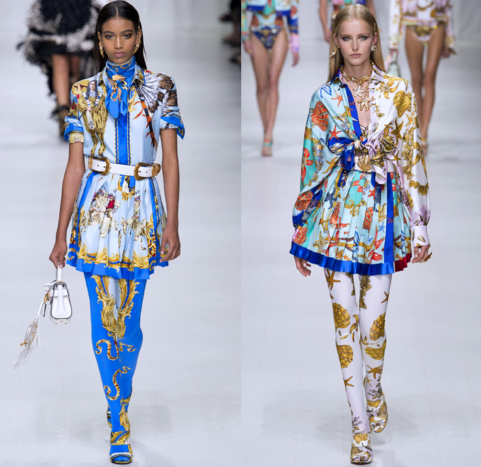 Versace 2018 Spring Summer Womens Runway Catwalk - Milano Moda Donna Milan Fashion Week Italy - Gianni Versace Tribute 1990s 1970s Gold Vogue Mother Mary Cross Baroque American Indian Tresor De La Mer Butterflies Stiletto Pop Art Leopard Crocodile Silk Satin Seashells Starfish Bedazzled Flowers Lace Fringes Cinch Coat Blazerdress Blouse Crop Top Vest Motorcycle Biker Jacket Square Shoulders Denim Jeans Catsuit Leotard Leggings Pleats Swimsuit Sheer High-Low Skirt Bag Fanny Pack Gladiator Boots