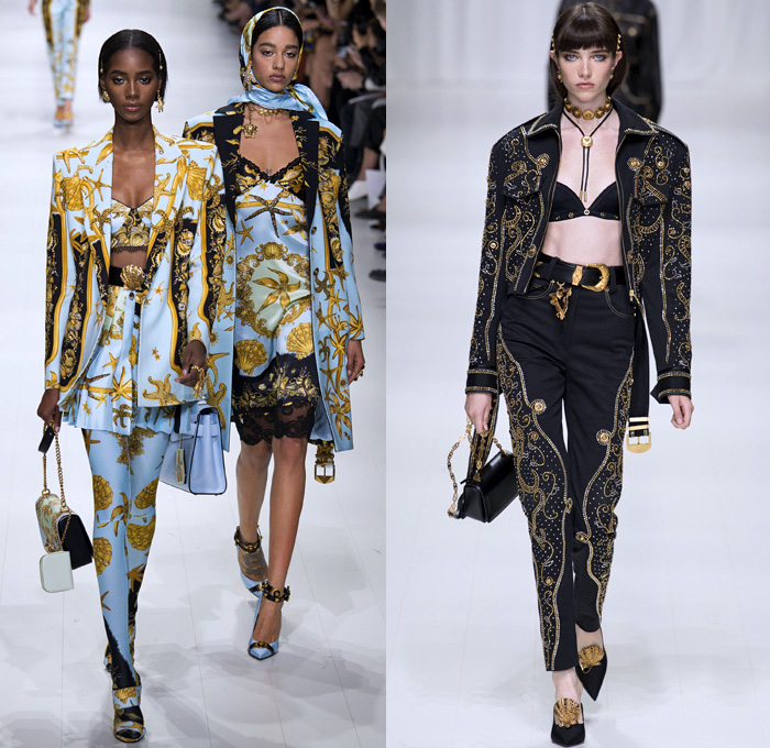 Versace 2018 Spring Summer Womens Runway Catwalk - Milano Moda Donna Milan Fashion Week Italy - Gianni Versace Tribute 1990s 1970s Gold Vogue Mother Mary Cross Baroque American Indian Tresor De La Mer Butterflies Stiletto Pop Art Leopard Crocodile Silk Satin Seashells Starfish Bedazzled Flowers Lace Fringes Cinch Coat Blazerdress Blouse Crop Top Vest Motorcycle Biker Jacket Square Shoulders Denim Jeans Catsuit Leotard Leggings Pleats Swimsuit Sheer High-Low Skirt Bag Fanny Pack Gladiator Boots