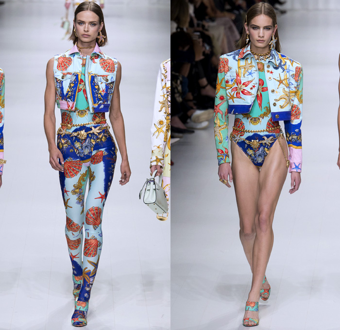 Versace 2018 Spring Summer Womens Runway Catwalk - Milano Moda Donna Milan Fashion Week Italy - Gianni Versace Tribute 1990s 1970s Gold Vogue Mother Mary Cross Baroque American Indian Tresor De La Mer Butterflies Stiletto Pop Art Leopard Crocodile Silk Satin Seashells Starfish Bedazzled Flowers Lace Fringes Cinch Coat Blazerdress Blouse Crop Top Vest Motorcycle Biker Jacket Square Shoulders Denim Jeans Catsuit Leotard Leggings Pleats Swimsuit Sheer High-Low Skirt Bag Fanny Pack Gladiator Boots