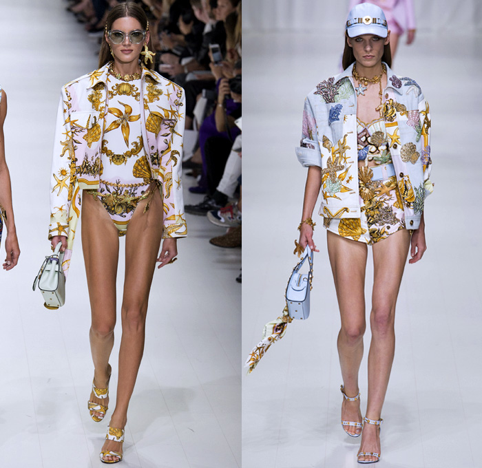 Versace 2018 Spring Summer Womens Runway Catwalk - Milano Moda Donna Milan Fashion Week Italy - Gianni Versace Tribute 1990s 1970s Gold Vogue Mother Mary Cross Baroque American Indian Tresor De La Mer Butterflies Stiletto Pop Art Leopard Crocodile Silk Satin Seashells Starfish Bedazzled Flowers Lace Fringes Cinch Coat Blazerdress Blouse Crop Top Vest Motorcycle Biker Jacket Square Shoulders Denim Jeans Catsuit Leotard Leggings Pleats Swimsuit Sheer High-Low Skirt Bag Fanny Pack Gladiator Boots