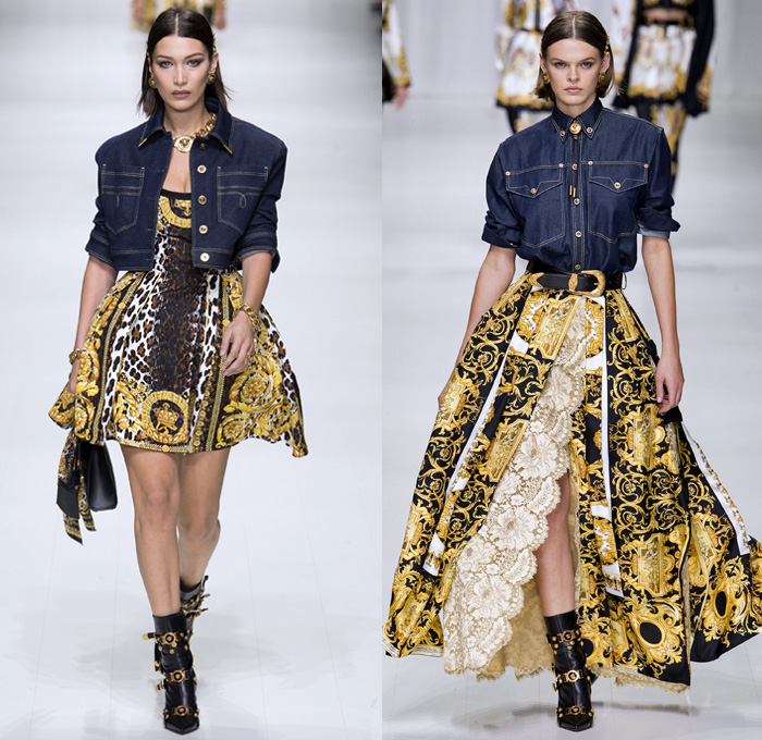 Versace 2018 Spring Summer Womens Runway Catwalk - Milano Moda Donna Milan Fashion Week Italy - Gianni Versace Tribute 1990s 1970s Gold Vogue Mother Mary Cross Baroque American Indian Tresor De La Mer Butterflies Stiletto Pop Art Leopard Crocodile Silk Satin Seashells Starfish Bedazzled Flowers Lace Fringes Cinch Coat Blazerdress Blouse Crop Top Vest Motorcycle Biker Jacket Square Shoulders Denim Jeans Catsuit Leotard Leggings Pleats Swimsuit Sheer High-Low Skirt Bag Fanny Pack Gladiator Boots