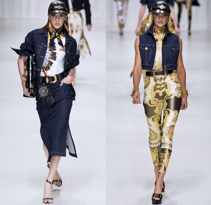 Versace 2018 Spring Summer Womens Runway Catwalk - Milano Moda Donna Milan Fashion Week Italy - Gianni Versace Tribute 1990s 1970s Gold Vogue Mother Mary Cross Baroque American Indian Tresor De La Mer Butterflies Stiletto Pop Art Leopard Crocodile Silk Satin Seashells Starfish Bedazzled Flowers Lace Fringes Cinch Coat Blazerdress Blouse Crop Top Vest Motorcycle Biker Jacket Square Shoulders Denim Jeans Catsuit Leotard Leggings Pleats Swimsuit Sheer High-Low Skirt Bag Fanny Pack Gladiator Boots