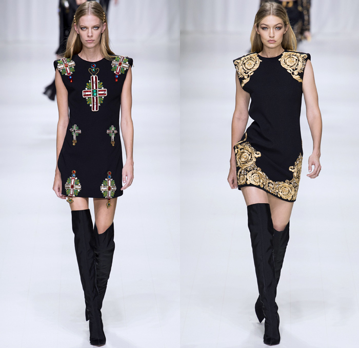 Versace 2018 Spring Summer Womens Runway Catwalk - Milano Moda Donna Milan Fashion Week Italy - Gianni Versace Tribute 1990s 1970s Gold Vogue Mother Mary Cross Baroque American Indian Tresor De La Mer Butterflies Stiletto Pop Art Leopard Crocodile Silk Satin Seashells Starfish Bedazzled Flowers Lace Fringes Cinch Coat Blazerdress Blouse Crop Top Vest Motorcycle Biker Jacket Square Shoulders Denim Jeans Catsuit Leotard Leggings Pleats Swimsuit Sheer High-Low Skirt Bag Fanny Pack Gladiator Boots