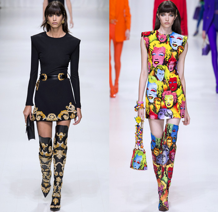 Versace 2018 Spring Summer Womens Runway Catwalk - Milano Moda Donna Milan Fashion Week Italy - Gianni Versace Tribute 1990s 1970s Gold Vogue Mother Mary Cross Baroque American Indian Tresor De La Mer Butterflies Stiletto Pop Art Leopard Crocodile Silk Satin Seashells Starfish Bedazzled Flowers Lace Fringes Cinch Coat Blazerdress Blouse Crop Top Vest Motorcycle Biker Jacket Square Shoulders Denim Jeans Catsuit Leotard Leggings Pleats Swimsuit Sheer High-Low Skirt Bag Fanny Pack Gladiator Boots