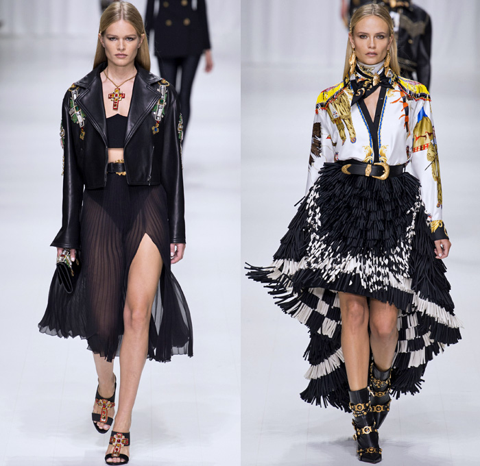 Versace 2018 Spring Summer Womens Runway Catwalk - Milano Moda Donna Milan Fashion Week Italy - Gianni Versace Tribute 1990s 1970s Gold Vogue Mother Mary Cross Baroque American Indian Tresor De La Mer Butterflies Stiletto Pop Art Leopard Crocodile Silk Satin Seashells Starfish Bedazzled Flowers Lace Fringes Cinch Coat Blazerdress Blouse Crop Top Vest Motorcycle Biker Jacket Square Shoulders Denim Jeans Catsuit Leotard Leggings Pleats Swimsuit Sheer High-Low Skirt Bag Fanny Pack Gladiator Boots