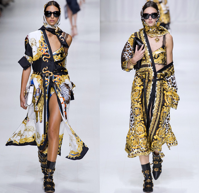 Versace 2018 Spring Summer Womens Runway Catwalk - Milano Moda Donna Milan Fashion Week Italy - Gianni Versace Tribute 1990s 1970s Gold Vogue Mother Mary Cross Baroque American Indian Tresor De La Mer Butterflies Stiletto Pop Art Leopard Crocodile Silk Satin Seashells Starfish Bedazzled Flowers Lace Fringes Cinch Coat Blazerdress Blouse Crop Top Vest Motorcycle Biker Jacket Square Shoulders Denim Jeans Catsuit Leotard Leggings Pleats Swimsuit Sheer High-Low Skirt Bag Fanny Pack Gladiator Boots