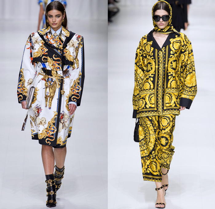 Versace 2018 Spring Summer Womens Runway Catwalk - Milano Moda Donna Milan Fashion Week Italy - Gianni Versace Tribute 1990s 1970s Gold Vogue Mother Mary Cross Baroque American Indian Tresor De La Mer Butterflies Stiletto Pop Art Leopard Crocodile Silk Satin Seashells Starfish Bedazzled Flowers Lace Fringes Cinch Coat Blazerdress Blouse Crop Top Vest Motorcycle Biker Jacket Square Shoulders Denim Jeans Catsuit Leotard Leggings Pleats Swimsuit Sheer High-Low Skirt Bag Fanny Pack Gladiator Boots