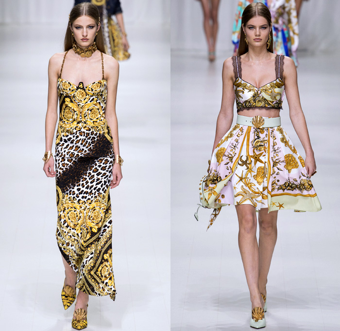 Versace 2018 Spring Summer Womens Runway Catwalk - Milano Moda Donna Milan Fashion Week Italy - Gianni Versace Tribute 1990s 1970s Gold Vogue Mother Mary Cross Baroque American Indian Tresor De La Mer Butterflies Stiletto Pop Art Leopard Crocodile Silk Satin Seashells Starfish Bedazzled Flowers Lace Fringes Cinch Coat Blazerdress Blouse Crop Top Vest Motorcycle Biker Jacket Square Shoulders Denim Jeans Catsuit Leotard Leggings Pleats Swimsuit Sheer High-Low Skirt Bag Fanny Pack Gladiator Boots