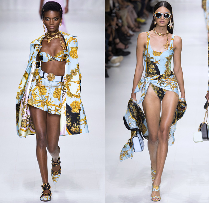 Versace 2018 Spring Summer Womens Runway Catwalk - Milano Moda Donna Milan Fashion Week Italy - Gianni Versace Tribute 1990s 1970s Gold Vogue Mother Mary Cross Baroque American Indian Tresor De La Mer Butterflies Stiletto Pop Art Leopard Crocodile Silk Satin Seashells Starfish Bedazzled Flowers Lace Fringes Cinch Coat Blazerdress Blouse Crop Top Vest Motorcycle Biker Jacket Square Shoulders Denim Jeans Catsuit Leotard Leggings Pleats Swimsuit Sheer High-Low Skirt Bag Fanny Pack Gladiator Boots