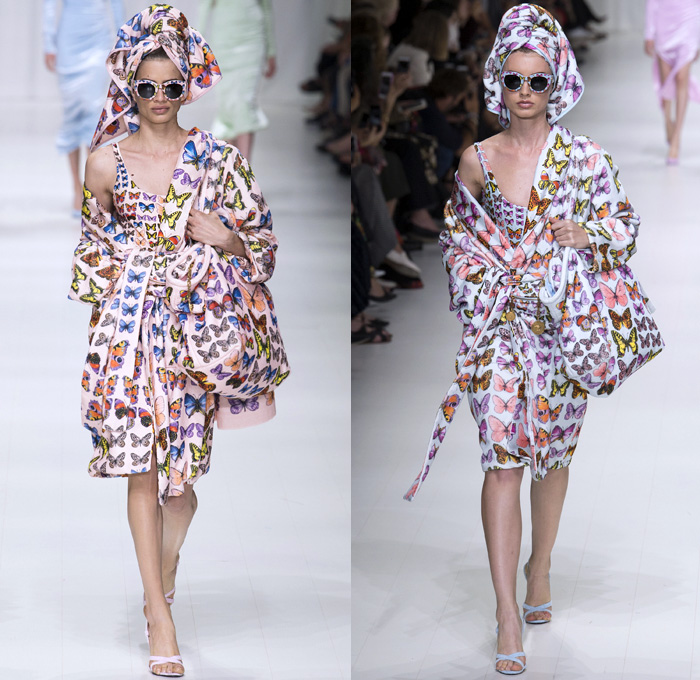 Versace 2018 Spring Summer Womens Runway Catwalk - Milano Moda Donna Milan Fashion Week Italy - Gianni Versace Tribute 1990s 1970s Gold Vogue Mother Mary Cross Baroque American Indian Tresor De La Mer Butterflies Stiletto Pop Art Leopard Crocodile Silk Satin Seashells Starfish Bedazzled Flowers Lace Fringes Cinch Coat Blazerdress Blouse Crop Top Vest Motorcycle Biker Jacket Square Shoulders Denim Jeans Catsuit Leotard Leggings Pleats Swimsuit Sheer High-Low Skirt Bag Fanny Pack Gladiator Boots