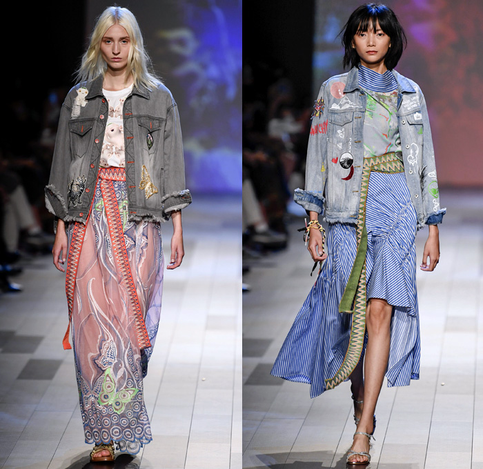 Vivienne Tam 2018 Spring Summer Womens Runway Catwalk Looks - New York Fashion Week NYFW - Wuba Monster Hunt Insects Animals Swans Rocks Trench Coat Denim Jeans Frayed Graffiti Cutout Shoulders Cargo Pockets Patchwork Fanny Pack Waist Pouch Handkerchief Hem Sheer Chiffon Tulle Bedazzled Grosgrain Strap Belt Stripes Rope Waist Lace Tribal Shirtdress Goddess Georgette Gown Tiered Dovetail Mullet Skirt Blouse Peasant Dress Strapless Braid Bracelets Scarf Tote Handbag Bamboo Basketweave