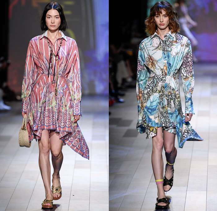 Vivienne Tam 2018 Spring Summer Womens Runway Catwalk Looks - New York Fashion Week NYFW - Wuba Monster Hunt Insects Animals Swans Rocks Trench Coat Denim Jeans Frayed Graffiti Cutout Shoulders Cargo Pockets Patchwork Fanny Pack Waist Pouch Handkerchief Hem Sheer Chiffon Tulle Bedazzled Grosgrain Strap Belt Stripes Rope Waist Lace Tribal Shirtdress Goddess Georgette Gown Tiered Dovetail Mullet Skirt Blouse Peasant Dress Strapless Braid Bracelets Scarf Tote Handbag Bamboo Basketweave