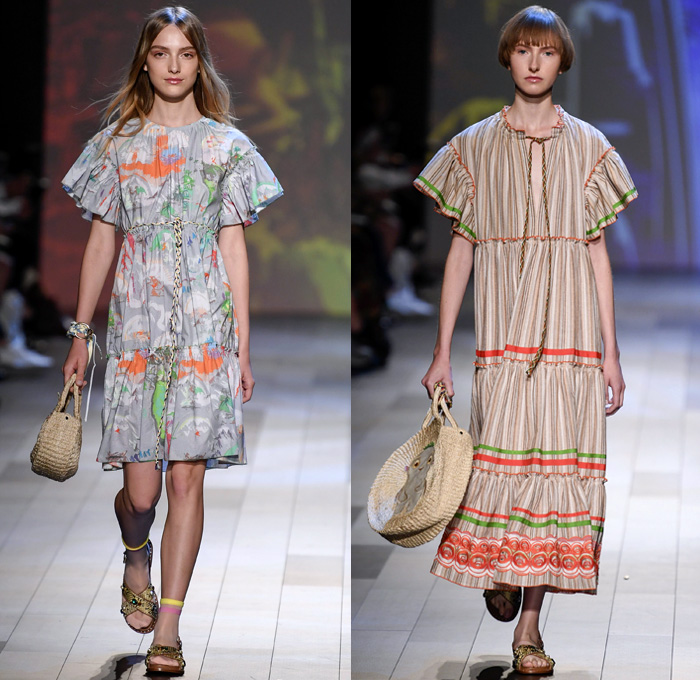 Vivienne Tam 2018 Spring Summer Womens Runway Catwalk Looks - New York Fashion Week NYFW - Wuba Monster Hunt Insects Animals Swans Rocks Trench Coat Denim Jeans Frayed Graffiti Cutout Shoulders Cargo Pockets Patchwork Fanny Pack Waist Pouch Handkerchief Hem Sheer Chiffon Tulle Bedazzled Grosgrain Strap Belt Stripes Rope Waist Lace Tribal Shirtdress Goddess Georgette Gown Tiered Dovetail Mullet Skirt Blouse Peasant Dress Strapless Braid Bracelets Scarf Tote Handbag Bamboo Basketweave