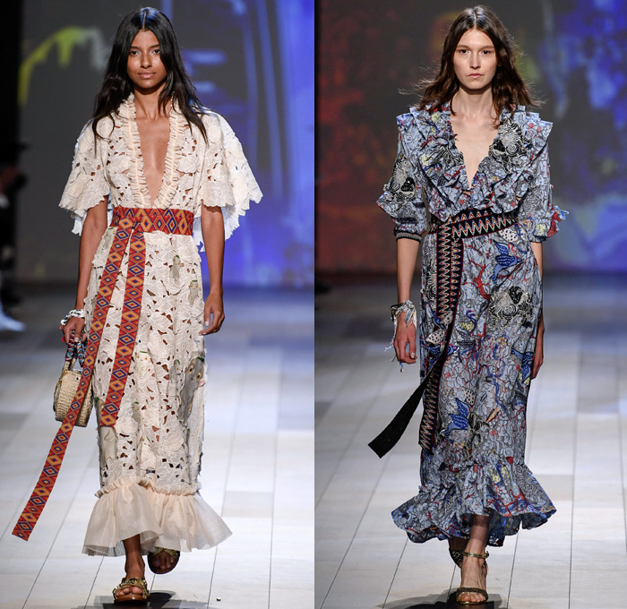 Vivienne Tam 2018 Spring Summer Womens Runway Catwalk Looks - New York Fashion Week NYFW - Wuba Monster Hunt Insects Animals Swans Rocks Trench Coat Denim Jeans Frayed Graffiti Cutout Shoulders Cargo Pockets Patchwork Fanny Pack Waist Pouch Handkerchief Hem Sheer Chiffon Tulle Bedazzled Grosgrain Strap Belt Stripes Rope Waist Lace Tribal Shirtdress Goddess Georgette Gown Tiered Dovetail Mullet Skirt Blouse Peasant Dress Strapless Braid Bracelets Scarf Tote Handbag Bamboo Basketweave