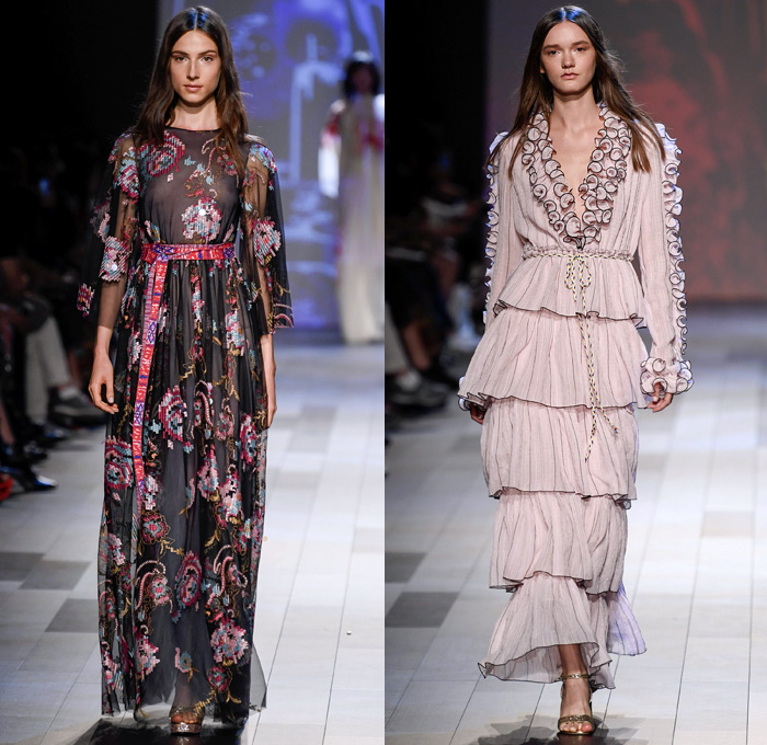 Vivienne Tam 2018 Spring Summer Womens Runway Catwalk Looks - New York Fashion Week NYFW - Wuba Monster Hunt Insects Animals Swans Rocks Trench Coat Denim Jeans Frayed Graffiti Cutout Shoulders Cargo Pockets Patchwork Fanny Pack Waist Pouch Handkerchief Hem Sheer Chiffon Tulle Bedazzled Grosgrain Strap Belt Stripes Rope Waist Lace Tribal Shirtdress Goddess Georgette Gown Tiered Dovetail Mullet Skirt Blouse Peasant Dress Strapless Braid Bracelets Scarf Tote Handbag Bamboo Basketweave