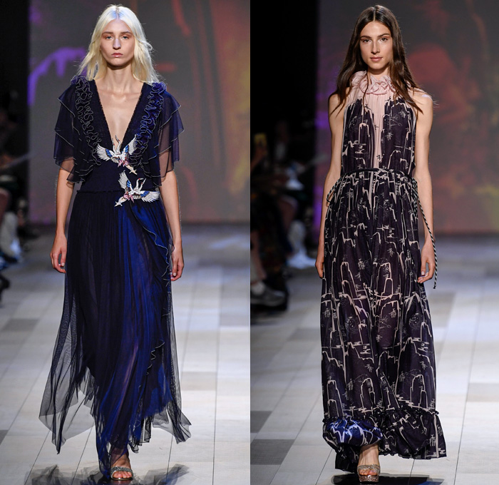 Vivienne Tam 2018 Spring Summer Womens Runway Catwalk Looks - New York Fashion Week NYFW - Wuba Monster Hunt Insects Animals Swans Rocks Trench Coat Denim Jeans Frayed Graffiti Cutout Shoulders Cargo Pockets Patchwork Fanny Pack Waist Pouch Handkerchief Hem Sheer Chiffon Tulle Bedazzled Grosgrain Strap Belt Stripes Rope Waist Lace Tribal Shirtdress Goddess Georgette Gown Tiered Dovetail Mullet Skirt Blouse Peasant Dress Strapless Braid Bracelets Scarf Tote Handbag Bamboo Basketweave