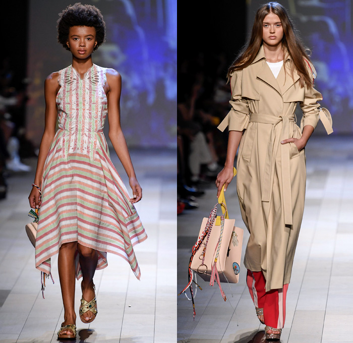 Vivienne Tam 2018 Spring Summer Womens Runway Catwalk Looks - New York Fashion Week NYFW - Wuba Monster Hunt Insects Animals Swans Rocks Trench Coat Denim Jeans Frayed Graffiti Cutout Shoulders Cargo Pockets Patchwork Fanny Pack Waist Pouch Handkerchief Hem Sheer Chiffon Tulle Bedazzled Grosgrain Strap Belt Stripes Rope Waist Lace Tribal Shirtdress Goddess Georgette Gown Tiered Dovetail Mullet Skirt Blouse Peasant Dress Strapless Braid Bracelets Scarf Tote Handbag Bamboo Basketweave