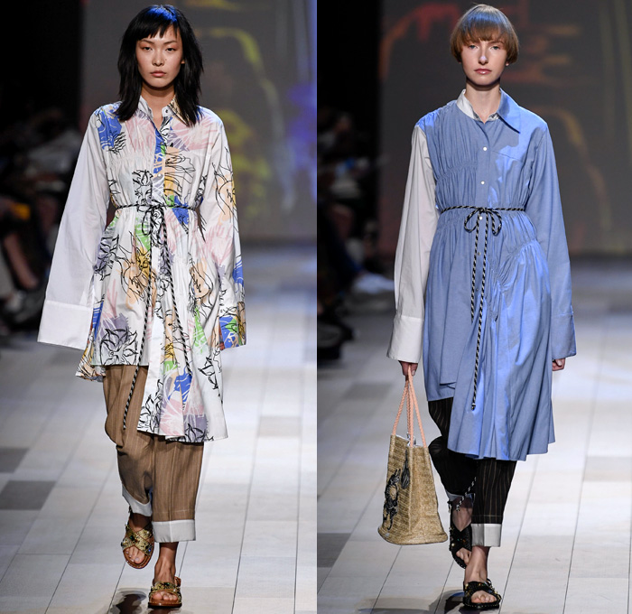 Vivienne Tam 2018 Spring Summer Womens Runway Catwalk Looks - New York Fashion Week NYFW - Wuba Monster Hunt Insects Animals Swans Rocks Trench Coat Denim Jeans Frayed Graffiti Cutout Shoulders Cargo Pockets Patchwork Fanny Pack Waist Pouch Handkerchief Hem Sheer Chiffon Tulle Bedazzled Grosgrain Strap Belt Stripes Rope Waist Lace Tribal Shirtdress Goddess Georgette Gown Tiered Dovetail Mullet Skirt Blouse Peasant Dress Strapless Braid Bracelets Scarf Tote Handbag Bamboo Basketweave