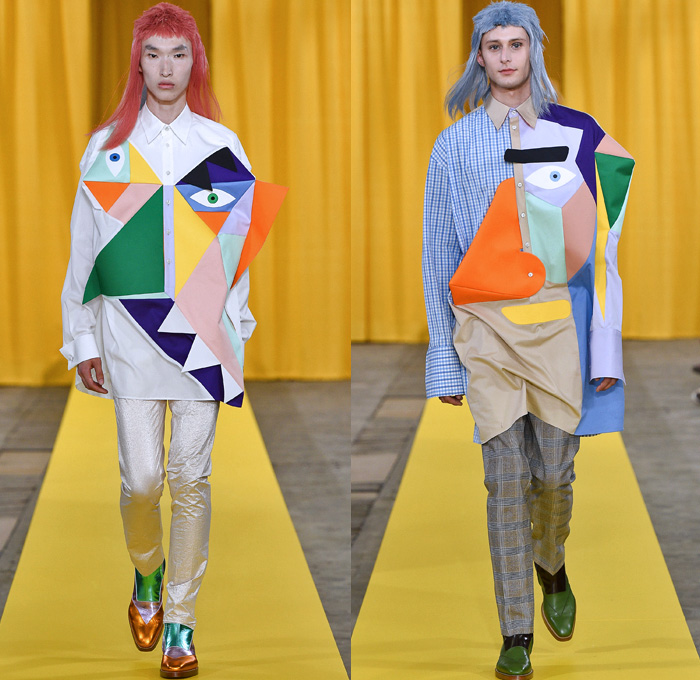 Walter Van Beirendonck 2018 Spring Summer Mens Runway Catwalk Looks - Mode à Paris Fashion Week Mode Masculine France - Owls Whisper Mullet Wig Fake Abs Pecs Geometric Face Long Sleeve Shirt Detachable Collar Metallic Silver Sheen Plaid Tartan Check Windowpane Hybrid Combo Panels Mix Match Mash Up Cutout Shoulders Suit Blazer Bomber Jacket Outerwear Coat Hanging Sleeve Hooded Parka Boxy Anorak Windbreaker Elongated Sleeves Shortall Combishorts Romper Onesie Coveralls Jumpsuit Slouchy Relaxed Pants Trousers Shorts Printed Socks Oxfords Tights Printed Leggings Leather Boots Bracelet Cuffs Sunglasses