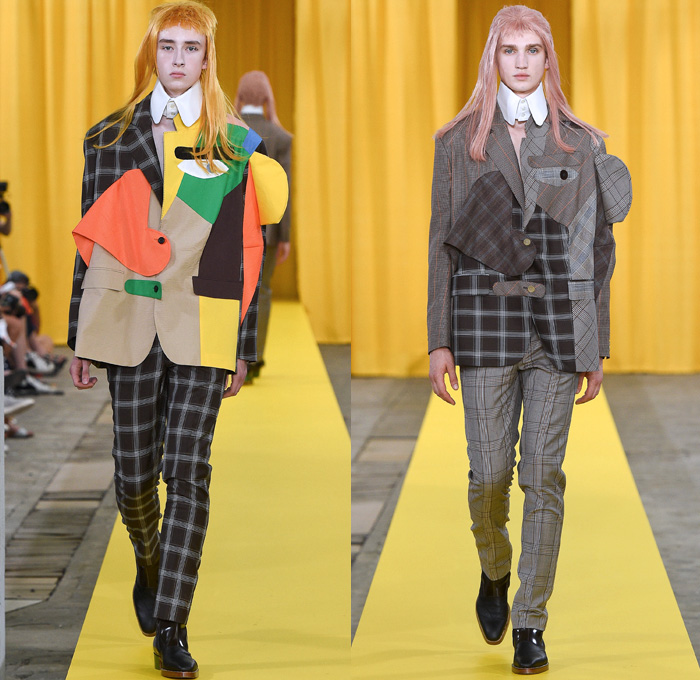 Walter Van Beirendonck 2018 Spring Summer Mens Runway Catwalk Looks - Mode à Paris Fashion Week Mode Masculine France - Owls Whisper Mullet Wig Fake Abs Pecs Geometric Face Long Sleeve Shirt Detachable Collar Metallic Silver Sheen Plaid Tartan Check Windowpane Hybrid Combo Panels Mix Match Mash Up Cutout Shoulders Suit Blazer Bomber Jacket Outerwear Coat Hanging Sleeve Hooded Parka Boxy Anorak Windbreaker Elongated Sleeves Shortall Combishorts Romper Onesie Coveralls Jumpsuit Slouchy Relaxed Pants Trousers Shorts Printed Socks Oxfords Tights Printed Leggings Leather Boots Bracelet Cuffs Sunglasses