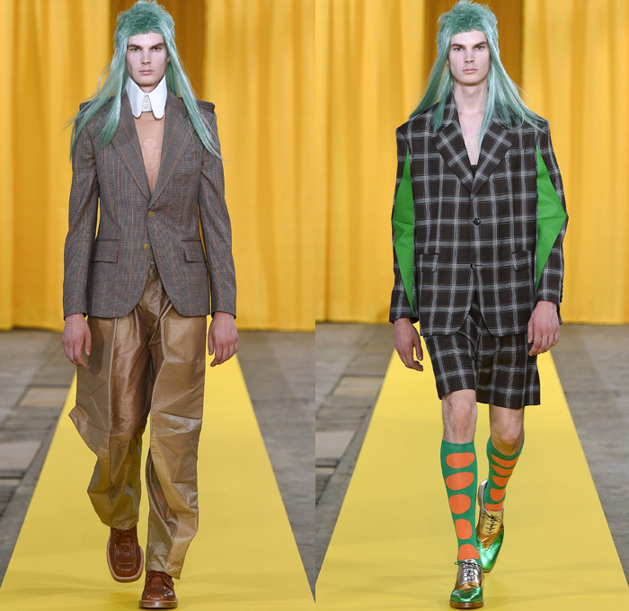 Walter Van Beirendonck 2018 Spring Summer Mens Runway Catwalk Looks - Mode à Paris Fashion Week Mode Masculine France - Owls Whisper Mullet Wig Fake Abs Pecs Geometric Face Long Sleeve Shirt Detachable Collar Metallic Silver Sheen Plaid Tartan Check Windowpane Hybrid Combo Panels Mix Match Mash Up Cutout Shoulders Suit Blazer Bomber Jacket Outerwear Coat Hanging Sleeve Hooded Parka Boxy Anorak Windbreaker Elongated Sleeves Shortall Combishorts Romper Onesie Coveralls Jumpsuit Slouchy Relaxed Pants Trousers Shorts Printed Socks Oxfords Tights Printed Leggings Leather Boots Bracelet Cuffs Sunglasses