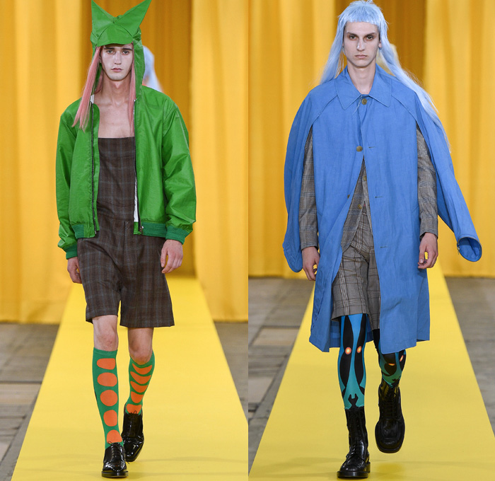 Walter Van Beirendonck 2018 Spring Summer Mens Runway Catwalk Looks - Mode à Paris Fashion Week Mode Masculine France - Owls Whisper Mullet Wig Fake Abs Pecs Geometric Face Long Sleeve Shirt Detachable Collar Metallic Silver Sheen Plaid Tartan Check Windowpane Hybrid Combo Panels Mix Match Mash Up Cutout Shoulders Suit Blazer Bomber Jacket Outerwear Coat Hanging Sleeve Hooded Parka Boxy Anorak Windbreaker Elongated Sleeves Shortall Combishorts Romper Onesie Coveralls Jumpsuit Slouchy Relaxed Pants Trousers Shorts Printed Socks Oxfords Tights Printed Leggings Leather Boots Bracelet Cuffs Sunglasses