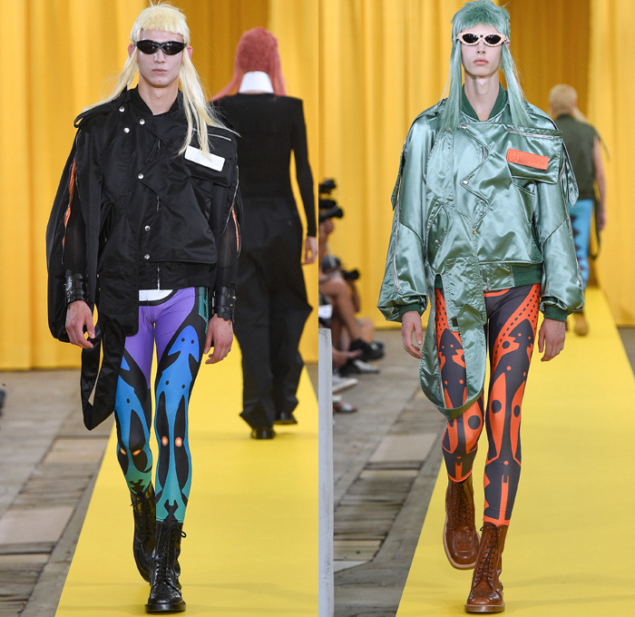 Walter Van Beirendonck 2018 Spring Summer Mens Runway Catwalk Looks - Mode à Paris Fashion Week Mode Masculine France - Owls Whisper Mullet Wig Fake Abs Pecs Geometric Face Long Sleeve Shirt Detachable Collar Metallic Silver Sheen Plaid Tartan Check Windowpane Hybrid Combo Panels Mix Match Mash Up Cutout Shoulders Suit Blazer Bomber Jacket Outerwear Coat Hanging Sleeve Hooded Parka Boxy Anorak Windbreaker Elongated Sleeves Shortall Combishorts Romper Onesie Coveralls Jumpsuit Slouchy Relaxed Pants Trousers Shorts Printed Socks Oxfords Tights Printed Leggings Leather Boots Bracelet Cuffs Sunglasses