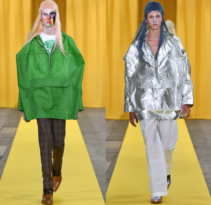Walter Van Beirendonck 2018 Spring Summer Mens Runway Catwalk Looks - Mode à Paris Fashion Week Mode Masculine France - Owls Whisper Mullet Wig Fake Abs Pecs Geometric Face Long Sleeve Shirt Detachable Collar Metallic Silver Sheen Plaid Tartan Check Windowpane Hybrid Combo Panels Mix Match Mash Up Cutout Shoulders Suit Blazer Bomber Jacket Outerwear Coat Hanging Sleeve Hooded Parka Boxy Anorak Windbreaker Elongated Sleeves Shortall Combishorts Romper Onesie Coveralls Jumpsuit Slouchy Relaxed Pants Trousers Shorts Printed Socks Oxfords Tights Printed Leggings Leather Boots Bracelet Cuffs Sunglasses