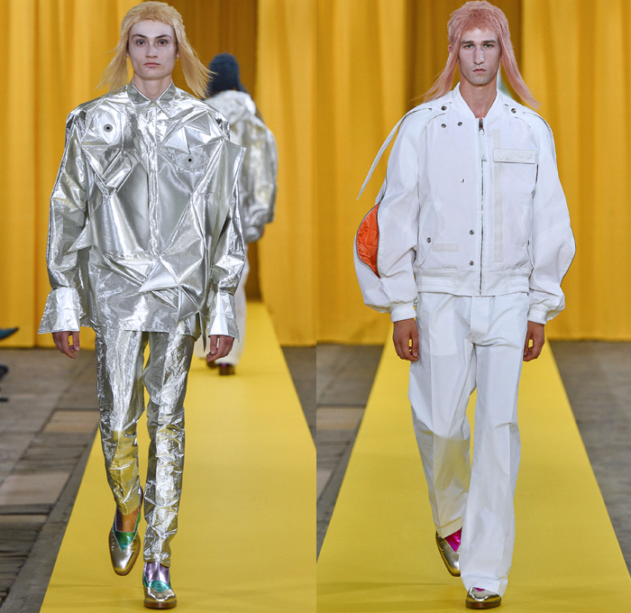 Walter Van Beirendonck 2018 Spring Summer Mens Runway Catwalk Looks - Mode à Paris Fashion Week Mode Masculine France - Owls Whisper Mullet Wig Fake Abs Pecs Geometric Face Long Sleeve Shirt Detachable Collar Metallic Silver Sheen Plaid Tartan Check Windowpane Hybrid Combo Panels Mix Match Mash Up Cutout Shoulders Suit Blazer Bomber Jacket Outerwear Coat Hanging Sleeve Hooded Parka Boxy Anorak Windbreaker Elongated Sleeves Shortall Combishorts Romper Onesie Coveralls Jumpsuit Slouchy Relaxed Pants Trousers Shorts Printed Socks Oxfords Tights Printed Leggings Leather Boots Bracelet Cuffs Sunglasses