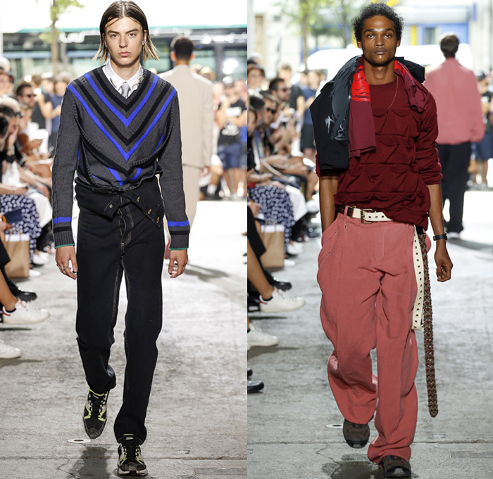 Y/PROJECT 2018 Spring Summer Mens Runway Catwalk Looks - Mode à Paris Fashion Week Mode Masculine France - Double Panels Extra Lining Collar Double Sleeves Overrun Slouchy Loose Baggy Oversized Hybrid Combo Cargo Pockets Tie Up Knot Ribbon Ornamental Print Silk Satin Drawstring Cinch Outerwear Coat Parka Suit Blazer Jacket Shirt Chunky Knit Sweater Jumper Capelet Sweatshirt Dad Jeans Peel Away Denim Wide Leg Trousers Trucker Jacket Pinstripe Flat Front Trousers Nylon Parachute Pants Braided Belt Sneakers Trainers Running Shoes Slippers Thongs