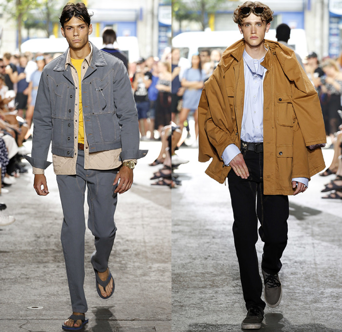 Y/PROJECT 2018 Spring Summer Mens Runway Catwalk Looks - Mode à Paris Fashion Week Mode Masculine France - Double Panels Extra Lining Collar Double Sleeves Overrun Slouchy Loose Baggy Oversized Hybrid Combo Cargo Pockets Tie Up Knot Ribbon Ornamental Print Silk Satin Drawstring Cinch Outerwear Coat Parka Suit Blazer Jacket Shirt Chunky Knit Sweater Jumper Capelet Sweatshirt Dad Jeans Peel Away Denim Wide Leg Trousers Trucker Jacket Pinstripe Flat Front Trousers Nylon Parachute Pants Braided Belt Sneakers Trainers Running Shoes Slippers Thongs