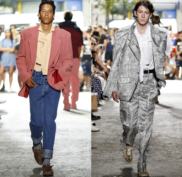 Y/PROJECT 2018 Spring Summer Mens Runway Catwalk Looks - Mode à Paris Fashion Week Mode Masculine France - Double Panels Extra Lining Collar Double Sleeves Overrun Slouchy Loose Baggy Oversized Hybrid Combo Cargo Pockets Tie Up Knot Ribbon Ornamental Print Silk Satin Drawstring Cinch Outerwear Coat Parka Suit Blazer Jacket Shirt Chunky Knit Sweater Jumper Capelet Sweatshirt Dad Jeans Peel Away Denim Wide Leg Trousers Trucker Jacket Pinstripe Flat Front Trousers Nylon Parachute Pants Braided Belt Sneakers Trainers Running Shoes Slippers Thongs