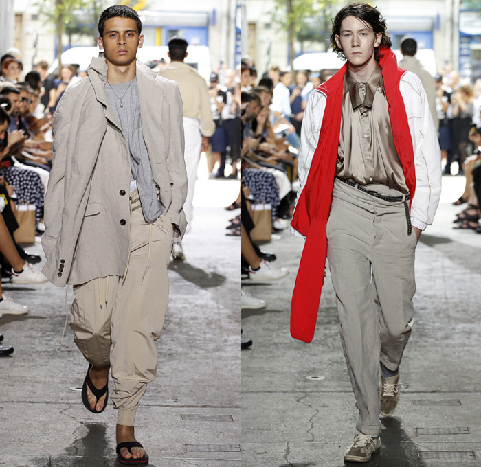 Y/PROJECT 2018 Spring Summer Mens Runway Catwalk Looks - Mode à Paris Fashion Week Mode Masculine France - Double Panels Extra Lining Collar Double Sleeves Overrun Slouchy Loose Baggy Oversized Hybrid Combo Cargo Pockets Tie Up Knot Ribbon Ornamental Print Silk Satin Drawstring Cinch Outerwear Coat Parka Suit Blazer Jacket Shirt Chunky Knit Sweater Jumper Capelet Sweatshirt Dad Jeans Peel Away Denim Wide Leg Trousers Trucker Jacket Pinstripe Flat Front Trousers Nylon Parachute Pants Braided Belt Sneakers Trainers Running Shoes Slippers Thongs