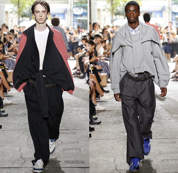 Y/PROJECT 2018 Spring Summer Mens Runway Catwalk Looks - Mode à Paris Fashion Week Mode Masculine France - Double Panels Extra Lining Collar Double Sleeves Overrun Slouchy Loose Baggy Oversized Hybrid Combo Cargo Pockets Tie Up Knot Ribbon Ornamental Print Silk Satin Drawstring Cinch Outerwear Coat Parka Suit Blazer Jacket Shirt Chunky Knit Sweater Jumper Capelet Sweatshirt Dad Jeans Peel Away Denim Wide Leg Trousers Trucker Jacket Pinstripe Flat Front Trousers Nylon Parachute Pants Braided Belt Sneakers Trainers Running Shoes Slippers Thongs