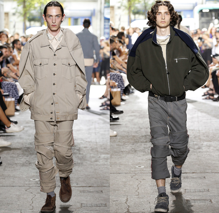 Y/PROJECT 2018 Spring Summer Mens Runway Catwalk Looks - Mode à Paris Fashion Week Mode Masculine France - Double Panels Extra Lining Collar Double Sleeves Overrun Slouchy Loose Baggy Oversized Hybrid Combo Cargo Pockets Tie Up Knot Ribbon Ornamental Print Silk Satin Drawstring Cinch Outerwear Coat Parka Suit Blazer Jacket Shirt Chunky Knit Sweater Jumper Capelet Sweatshirt Dad Jeans Peel Away Denim Wide Leg Trousers Trucker Jacket Pinstripe Flat Front Trousers Nylon Parachute Pants Braided Belt Sneakers Trainers Running Shoes Slippers Thongs