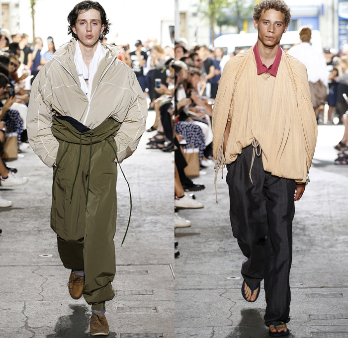 Y/PROJECT 2018 Spring Summer Mens Runway Catwalk Looks - Mode à Paris Fashion Week Mode Masculine France - Double Panels Extra Lining Collar Double Sleeves Overrun Slouchy Loose Baggy Oversized Hybrid Combo Cargo Pockets Tie Up Knot Ribbon Ornamental Print Silk Satin Drawstring Cinch Outerwear Coat Parka Suit Blazer Jacket Shirt Chunky Knit Sweater Jumper Capelet Sweatshirt Dad Jeans Peel Away Denim Wide Leg Trousers Trucker Jacket Pinstripe Flat Front Trousers Nylon Parachute Pants Braided Belt Sneakers Trainers Running Shoes Slippers Thongs