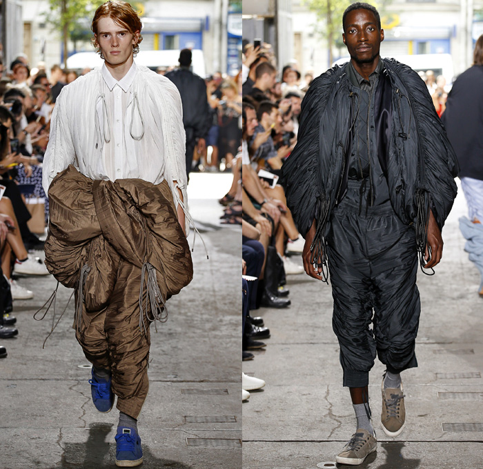 Y/PROJECT 2018 Spring Summer Mens Runway Catwalk Looks - Mode à Paris Fashion Week Mode Masculine France - Double Panels Extra Lining Collar Double Sleeves Overrun Slouchy Loose Baggy Oversized Hybrid Combo Cargo Pockets Tie Up Knot Ribbon Ornamental Print Silk Satin Drawstring Cinch Outerwear Coat Parka Suit Blazer Jacket Shirt Chunky Knit Sweater Jumper Capelet Sweatshirt Dad Jeans Peel Away Denim Wide Leg Trousers Trucker Jacket Pinstripe Flat Front Trousers Nylon Parachute Pants Braided Belt Sneakers Trainers Running Shoes Slippers Thongs