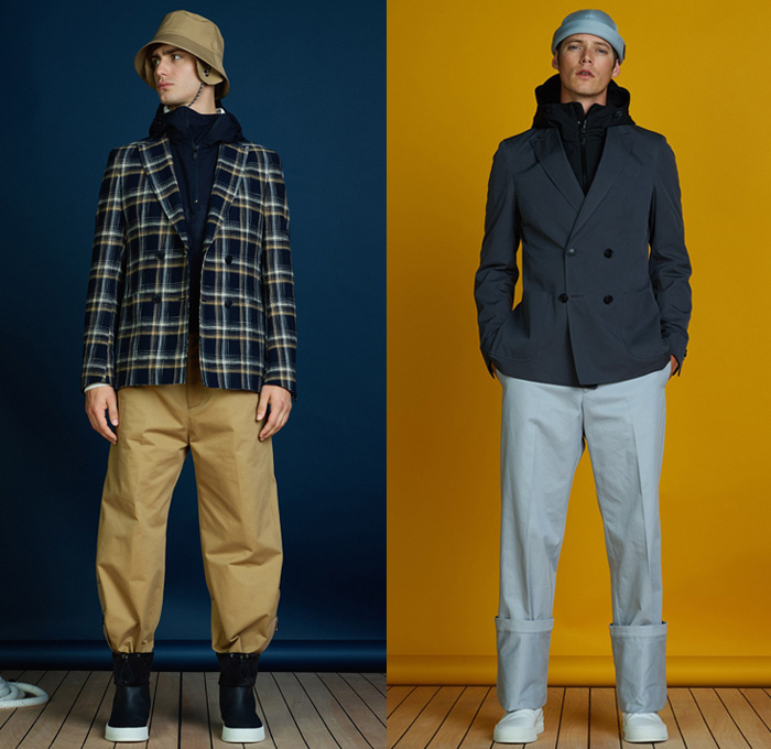 Z Zegna 2018 Spring Summer Mens Lookbook Presentation Florence - Milano Moda Uomo Collezione Milan Fashion Week Italy - Regatta Sailing Nautical Marinière Technical Water Repellent Techmerino Outerwear Coat Jacket Blazer Parka Anorak Windbreaker Poncho Cloak Hood Harness Straps Quilted Waffle Puffer Down Jacket Down Sleeveless Vest Waistcoat Gilet Zipper Buttons Drawstring Chunky Knit Ribbed Turtleneck Sweater Jumper Long Sleeve Shirt Khaki Plaid Tartan Check Nylon Mesh Tucked In Tapered Flat Front Pants Trousers Slacks Roll Up Wide Leg Trousers Duffel Sack Bag Slingpack Boots Sneakers Cap Beanie Bucket Fishing Hat