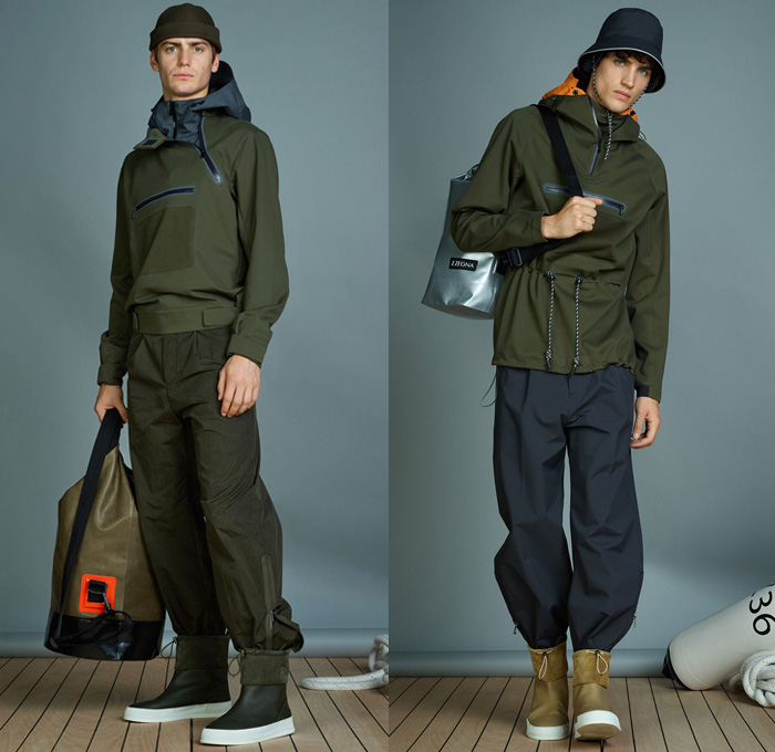 Z Zegna 2018 Spring Summer Mens Lookbook Presentation Florence - Milano Moda Uomo Collezione Milan Fashion Week Italy - Regatta Sailing Nautical Marinière Technical Water Repellent Techmerino Outerwear Coat Jacket Blazer Parka Anorak Windbreaker Poncho Cloak Hood Harness Straps Quilted Waffle Puffer Down Jacket Down Sleeveless Vest Waistcoat Gilet Zipper Buttons Drawstring Chunky Knit Ribbed Turtleneck Sweater Jumper Long Sleeve Shirt Khaki Plaid Tartan Check Nylon Mesh Tucked In Tapered Flat Front Pants Trousers Slacks Roll Up Wide Leg Trousers Duffel Sack Bag Slingpack Boots Sneakers Cap Beanie Bucket Fishing Hat